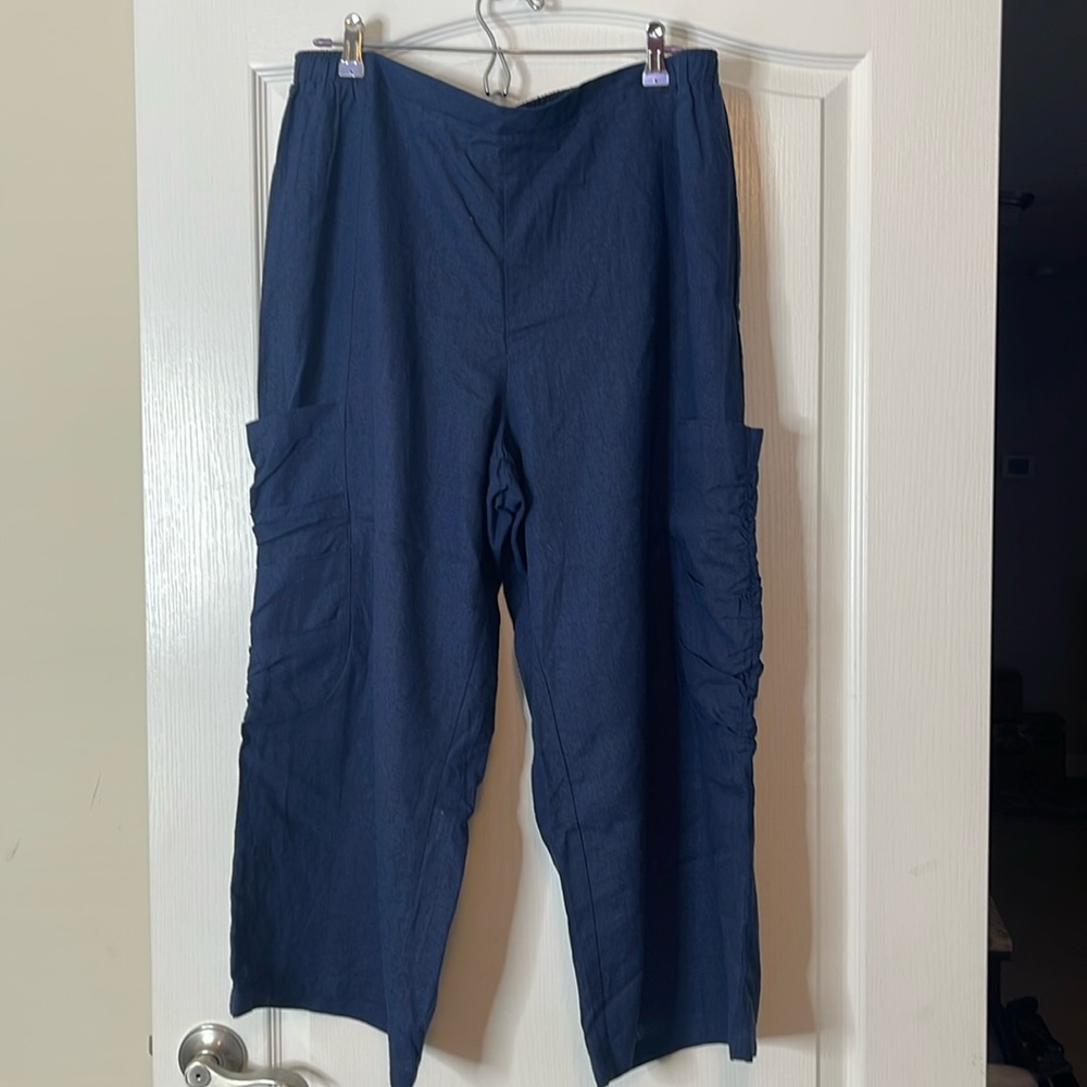 Charlie Page Pull On Cropped Linen Pants Navy Blue XL